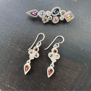 Vintage Patricia Locke Multicolor Crystal Silver Earrings and Brooch Set.
